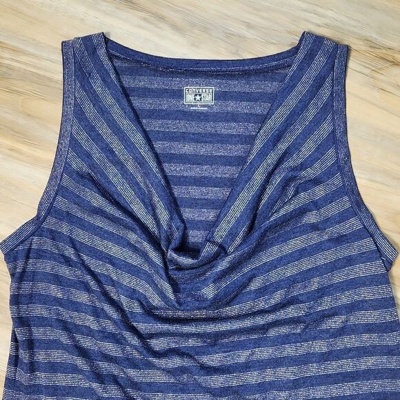 🔺️Converse Blue & Metallic Silver Striped Cowl Neck Sleeveless Top Large - Picture 3 of 9